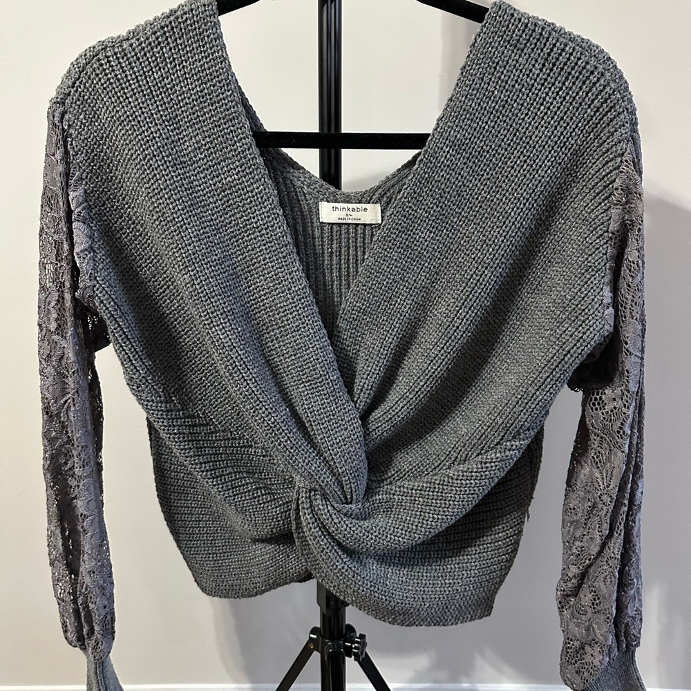 Thinkable Charcoal V-Neck Sweater with Front Twist & Lace Sleeves